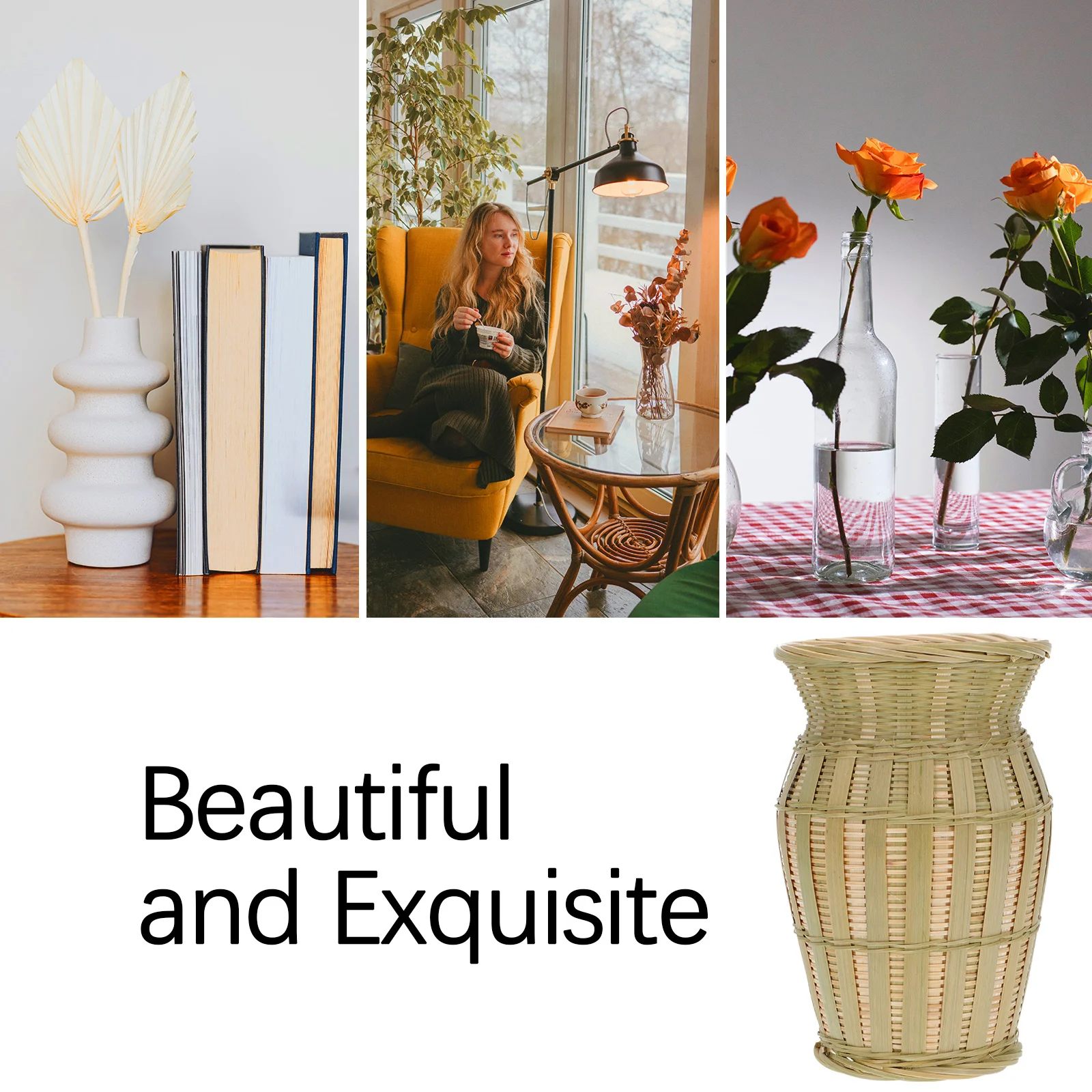 

1pc Woven Bamboo Vase Vintage Floral Centerpieces Rustic Decor Balcony Office Woven Flowerpot Home Plant Pot Container