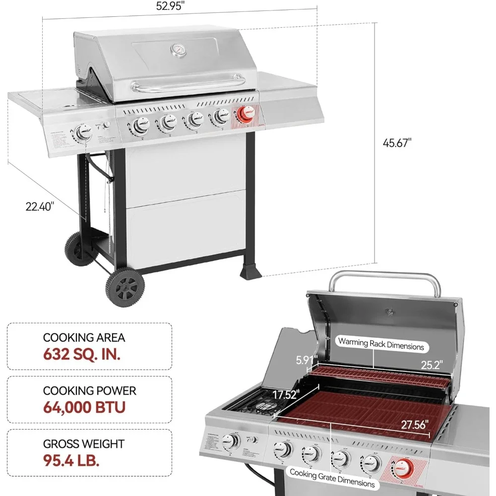 5-Burner BBQ Propane Grill with Sear Burner and Side Burner, Stainless Steel Barbecue Gas Grill for Outdoor Patio Garden Picnic