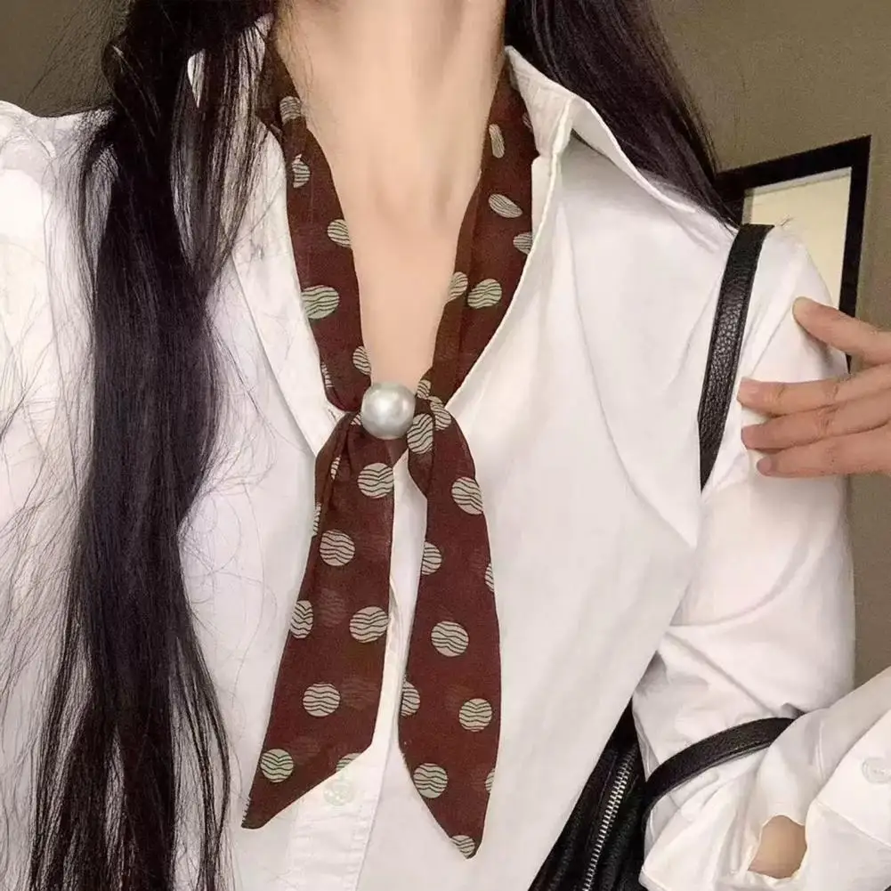 

Practical Scarf Women’s Lightweight Chiffon Scarf with Imitation Pearl Buckle Retro Satin Neck Collar Black White Polka Dot