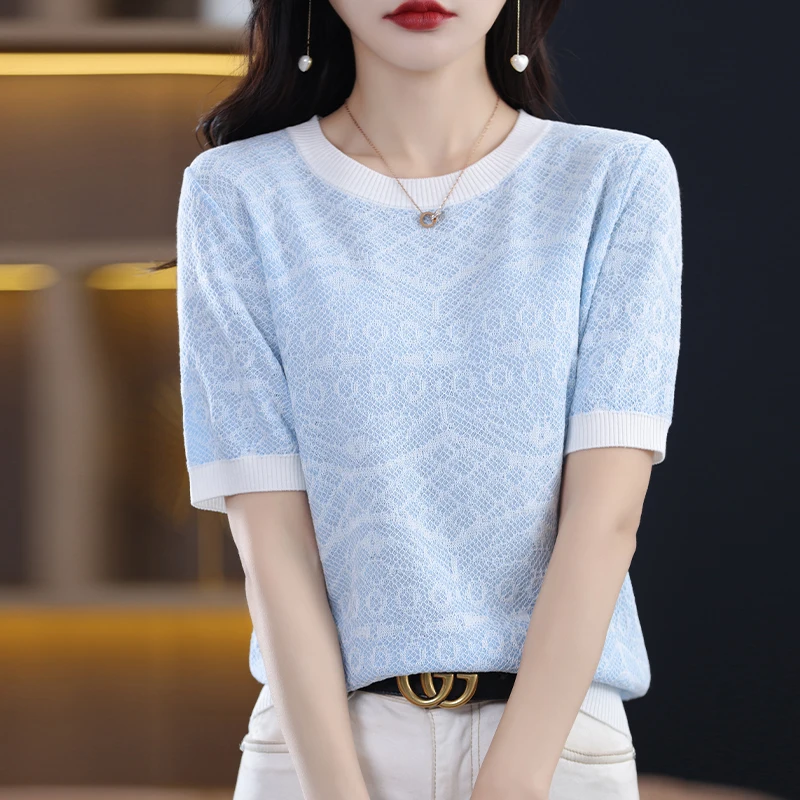 2023 Summer New Silk Short Sleeve Women's Round Neck Splice High End T-shirt Top Bottom Knit Shirt Simple And Fashionable