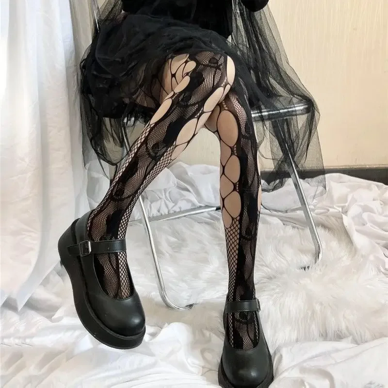 Lolita filles doux Cool Double face évider Sexy Rose résille bas JK blanc maille collants trou millénaire cassé collants