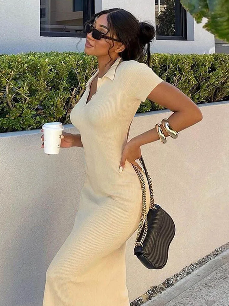 

Elegant Knitted Short Sleeve Bodycon Maxi Dress Women Summer Sexy Backless Bandage Streetwear Solid Stretch Lady Dresses