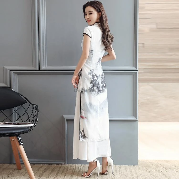 Cheongsam melhorado, novo vestido de emagrecimento chinês, pintura elegante, impressão paisagem, vestido longo, verão, 2024