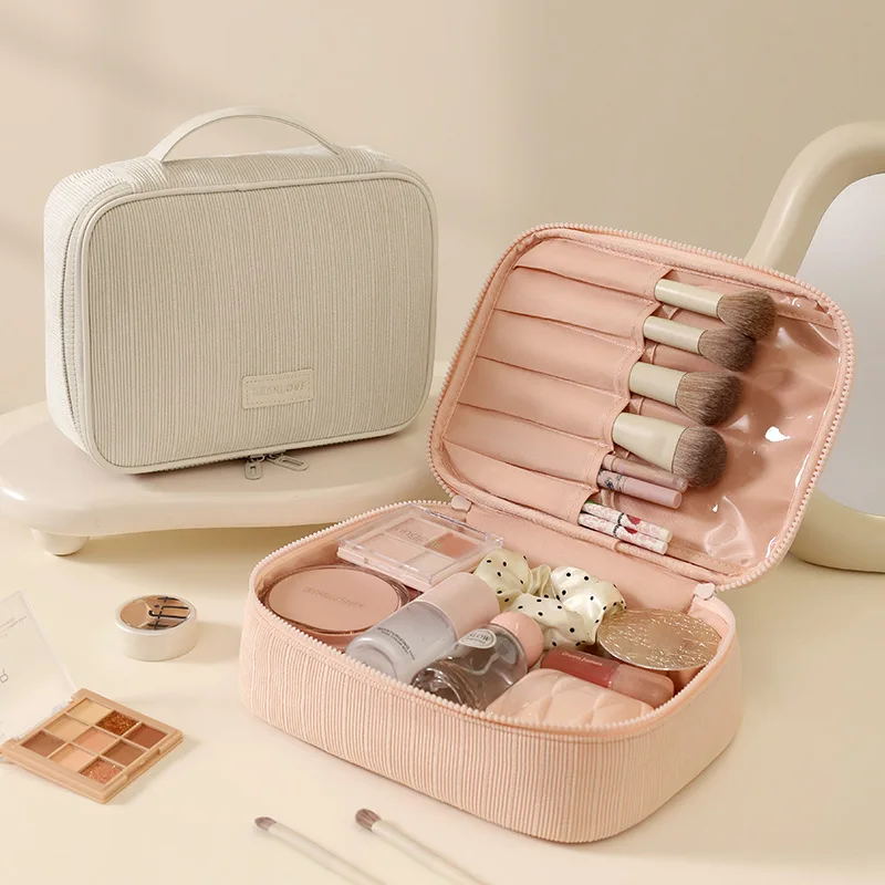 Bolsa de maquillaje de pana portátil de alta gama para mujer, caja de almacenamiento de cosméticos con cremallera, organizador de artículos de tocador de viaje, bolsa de lavado multizona
