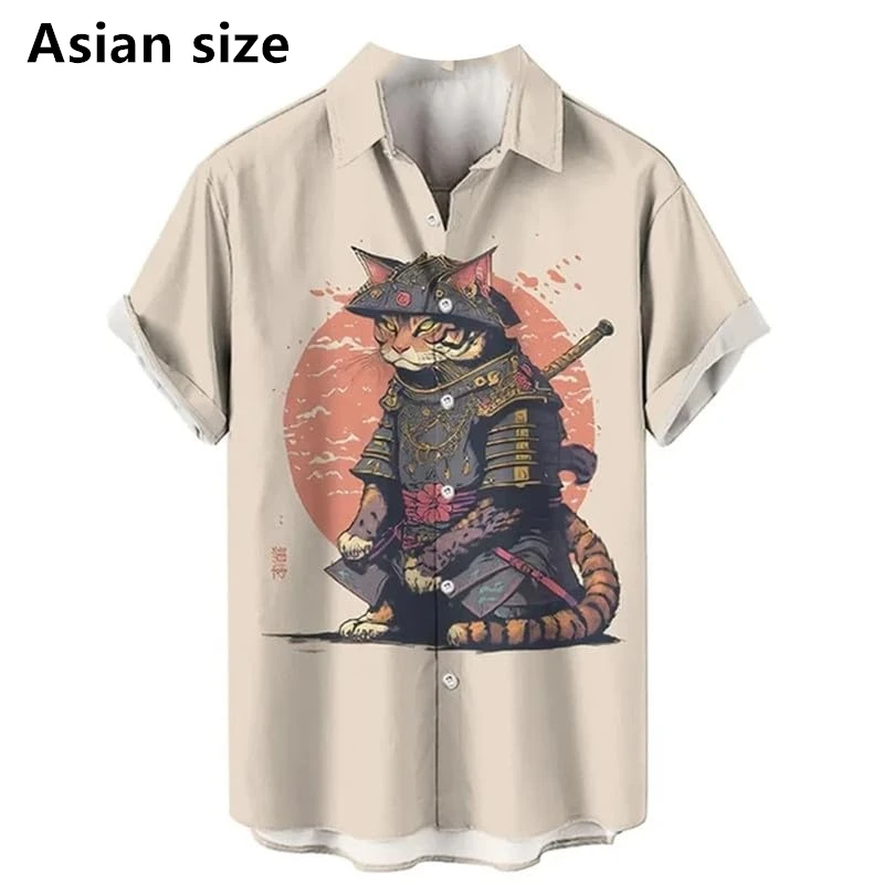 Camicia da uomo con motivo gatto in stile giapponese Cartoon Anime Cat Manica corta Camicie abbottonate Camicia hawaiana da spiaggia per feste Top alla moda