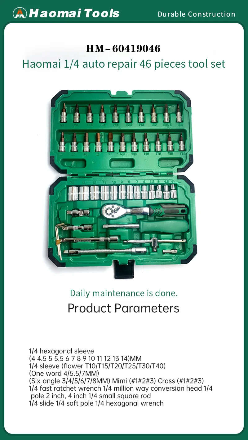 HaoMai 46-teiliges metrisches Schraubenschlüssel-Set, Kfz-Reparatur-Werkzeug-Set, Ratschenschlüssel-Gruppensatz für Mechaniker