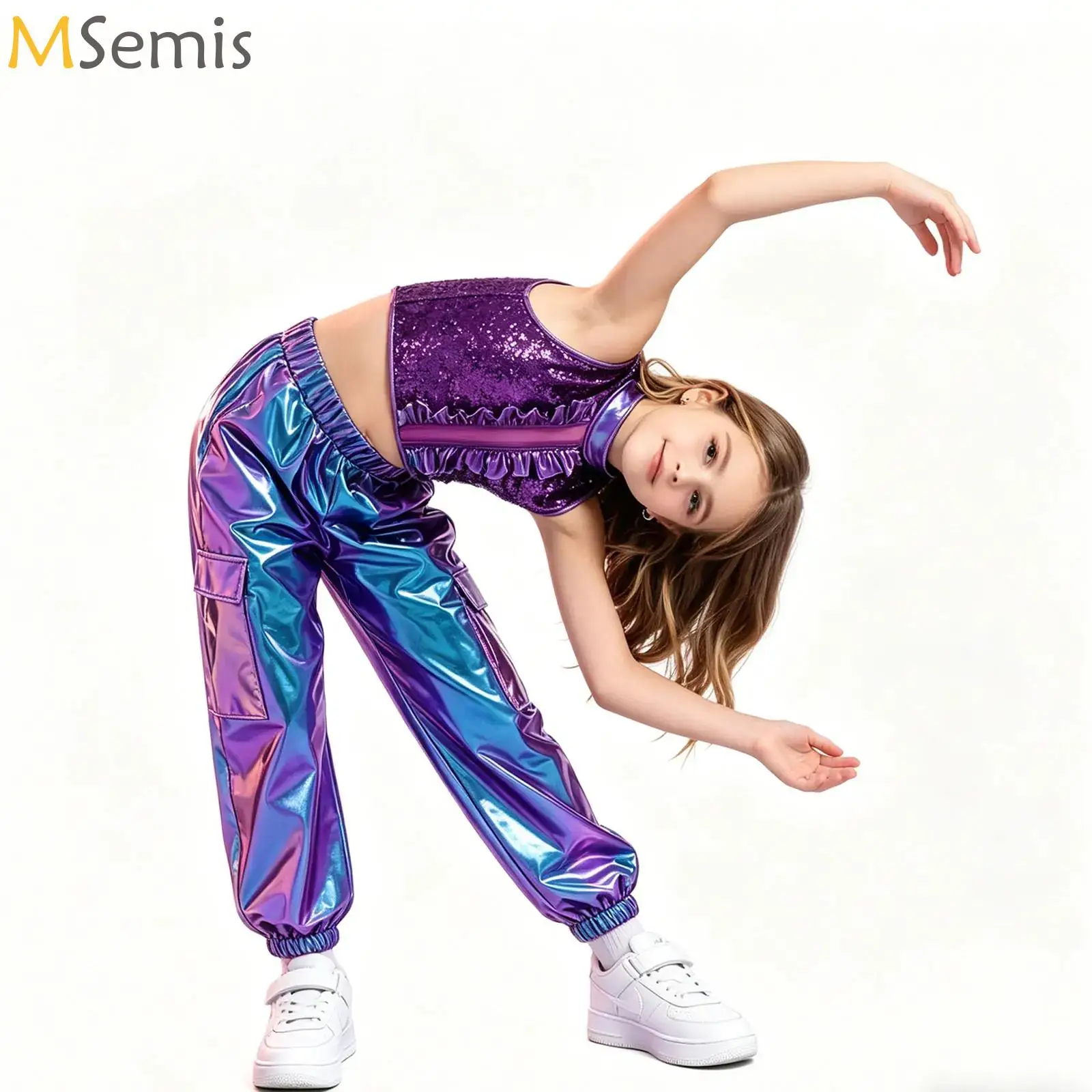 

Children Girls Modern Lyrical Dance Outfit Sequin Crop Top with Shiny Pants Suit Rhythmic Gymnastics Hip Hop Jazz Disco Clothes