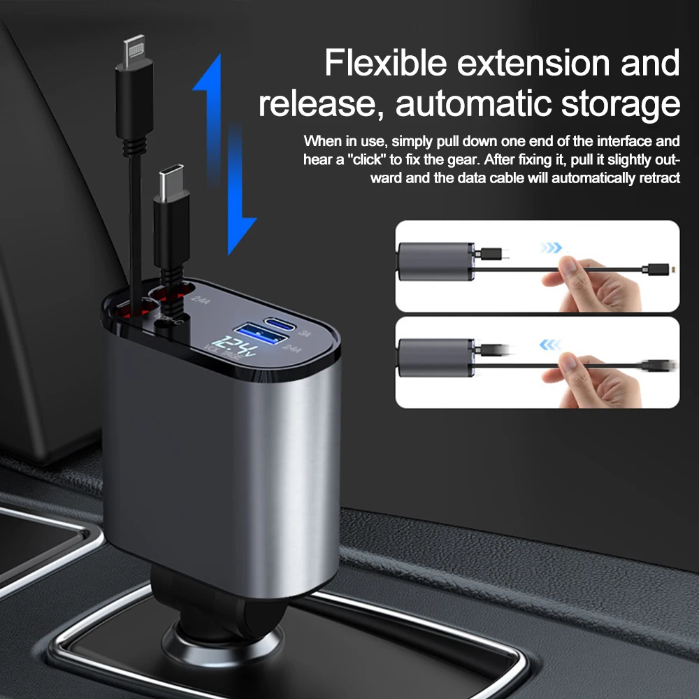 Caricabatteria rapido per auto PD + USB tipo C con 2 cavi retrattili caricabatterie per telefono da auto voltmetro adattatore di alimentazione 4 in