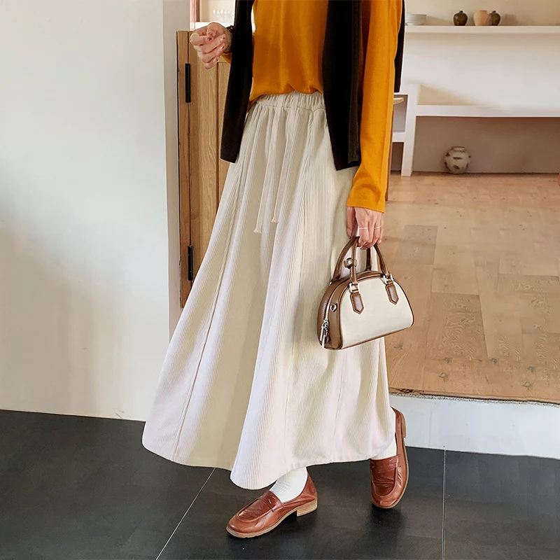 

Элегантные студенческие вельветовые юбки-миди, женские винтажные длинные юбки с карманами и шнурком, осень-зима, корейская уличная утепленная макси-юбка