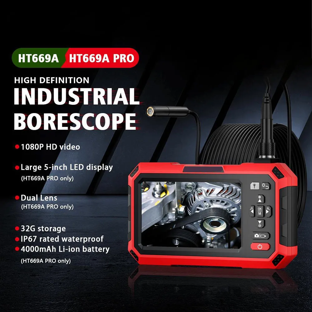 HT669A 5 Inch Dual Lens 7mm Borescope With 6 LED Lights IP67 Waterproof For Automotive Sewer Pipe Inspection Tool