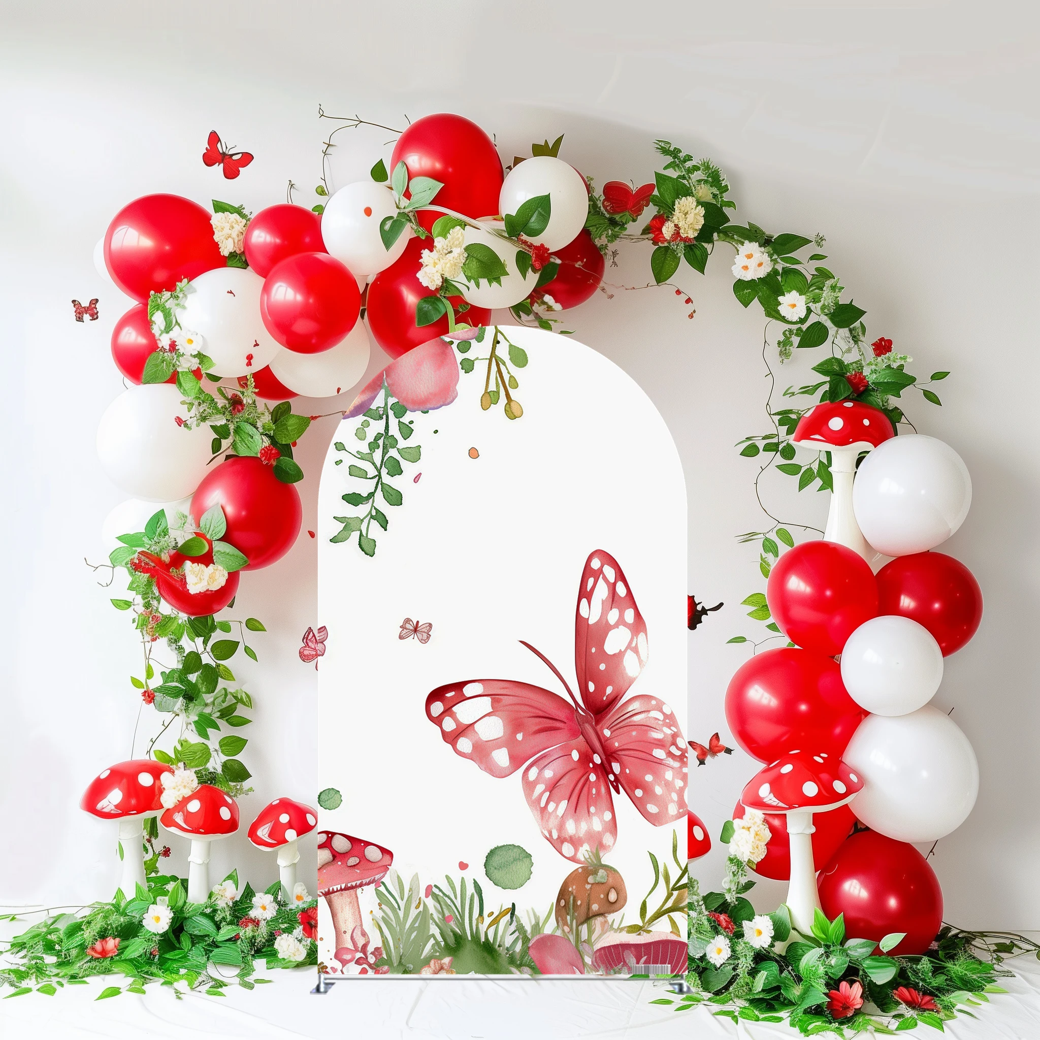 

Butterfly Arch Backdrop Cover,Mushroom Arched Stand Cover,Kids Birthday Party Decoration,Double-sides-Elasticity-Washable