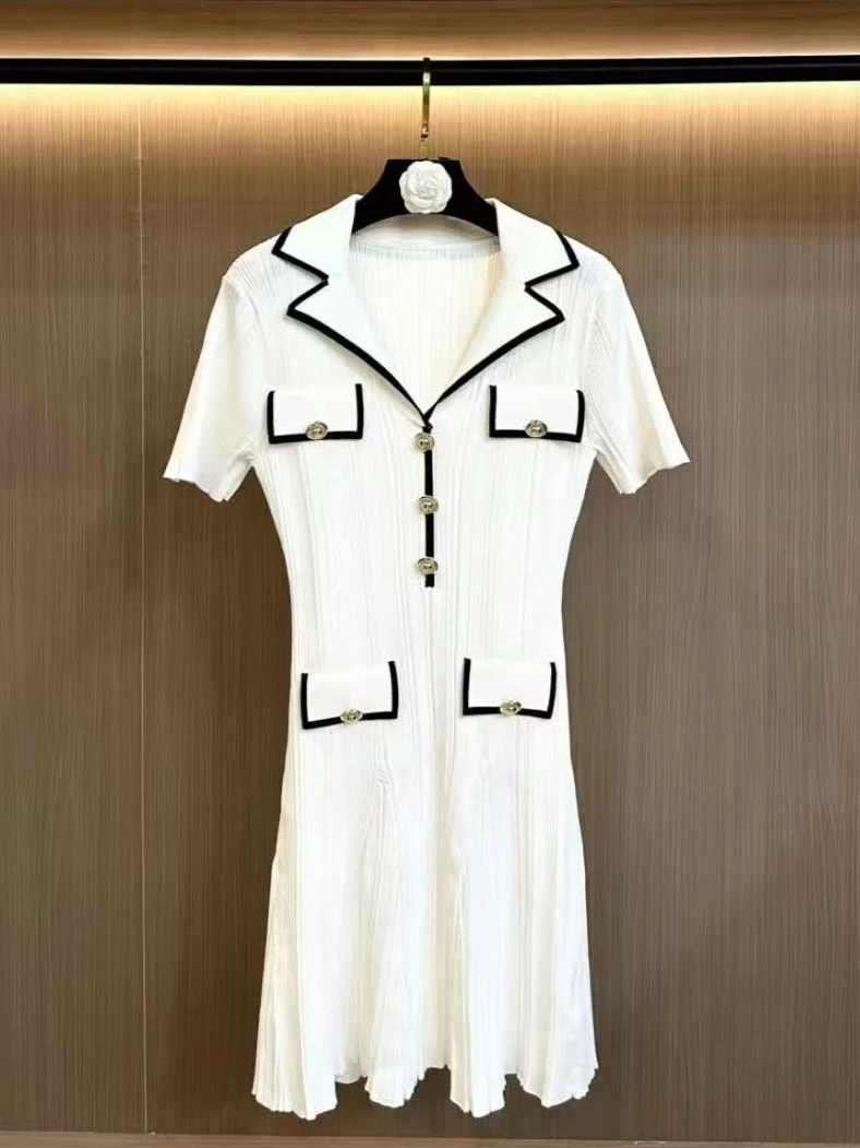 

European French Retro Socialite Color-Block Short-Sleeve Knitted Dress Women High-End Fashion Elegant High-Waist Slim Mini Dress