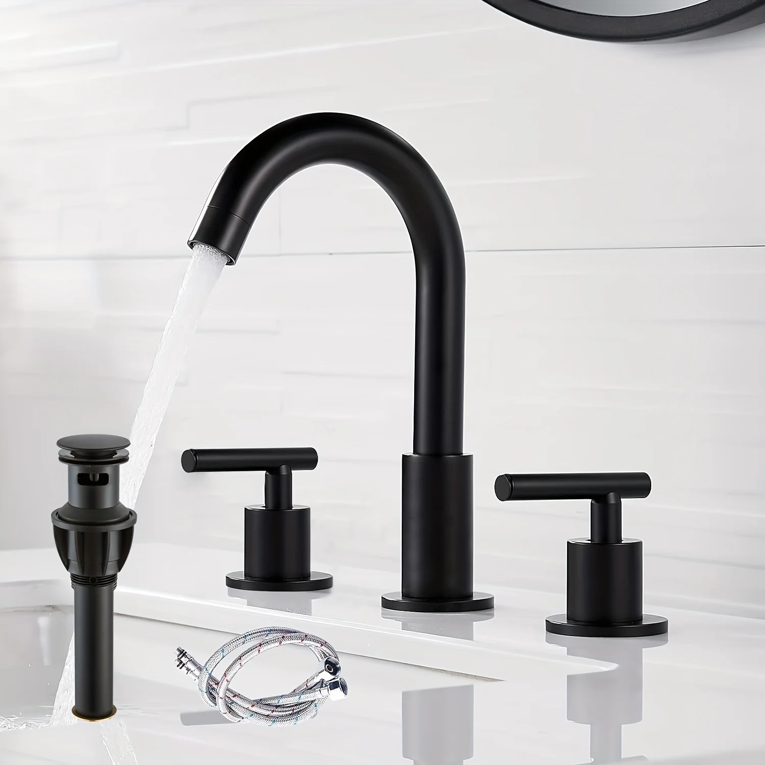 

Bathroom countertop faucet, three-hole RV bathroom washbasin faucet with pop-up drain and brushed nickel water supply pipe