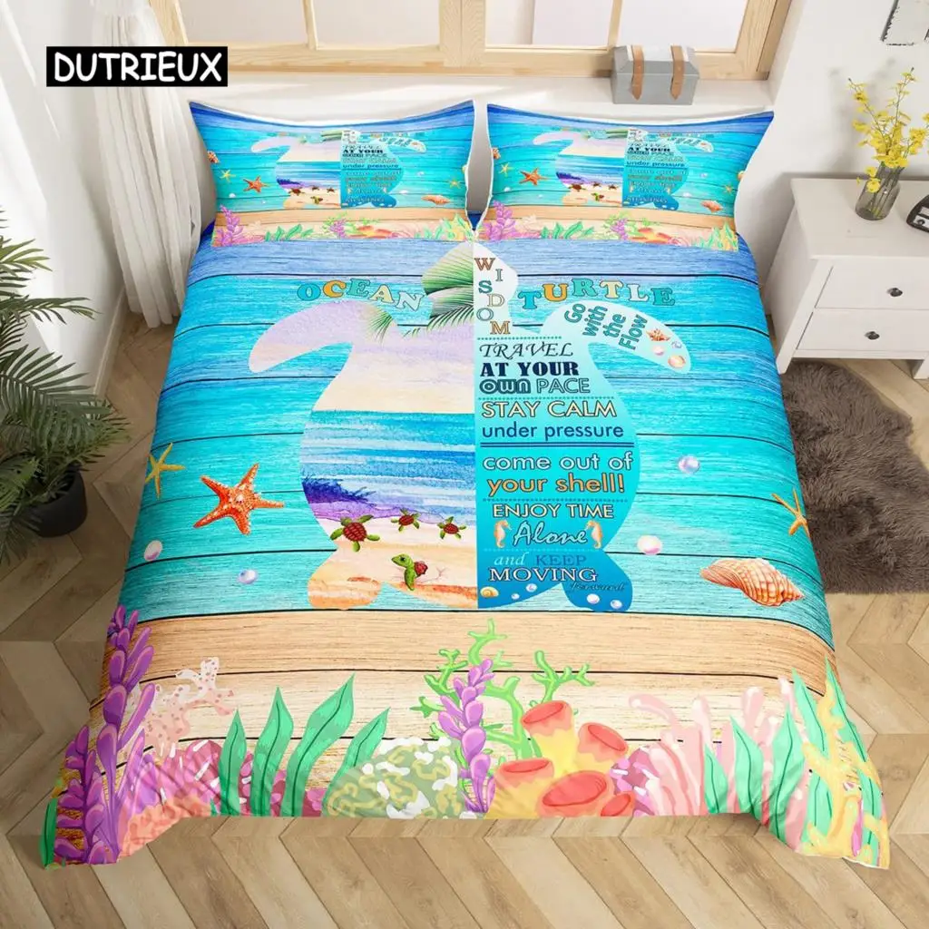 Sea Turtle Duvet Cover Twin Ocean Reptile Tortoise Comforter Cover Nautical Beach Bedding Set Microfiber Coastal Bedspread Cover