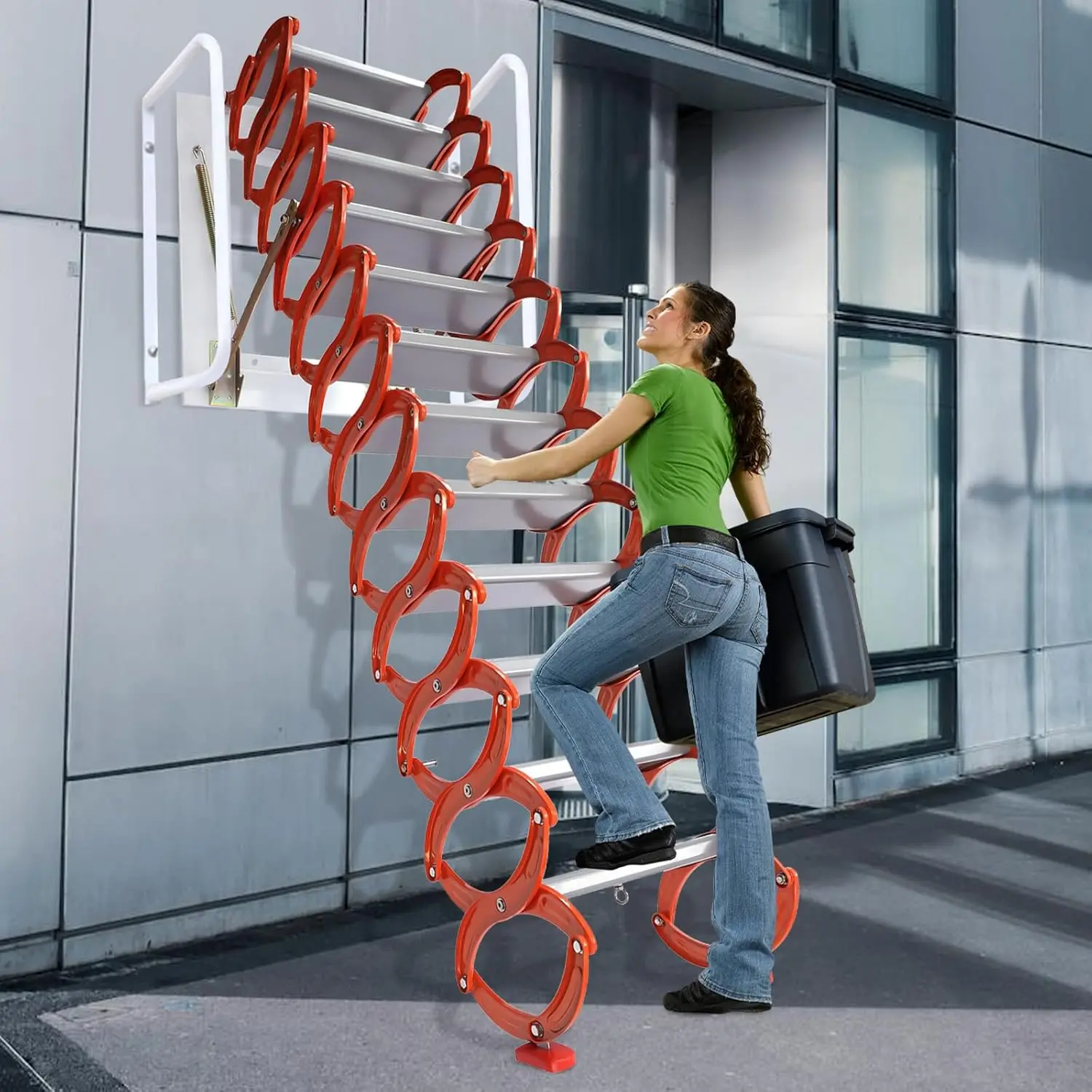 12 Steps Attic Ladder Folding Wall Mounted Ladder Orange Loft Folding Ladder 10Ft Heightattic Ladder Pull Down System Steps