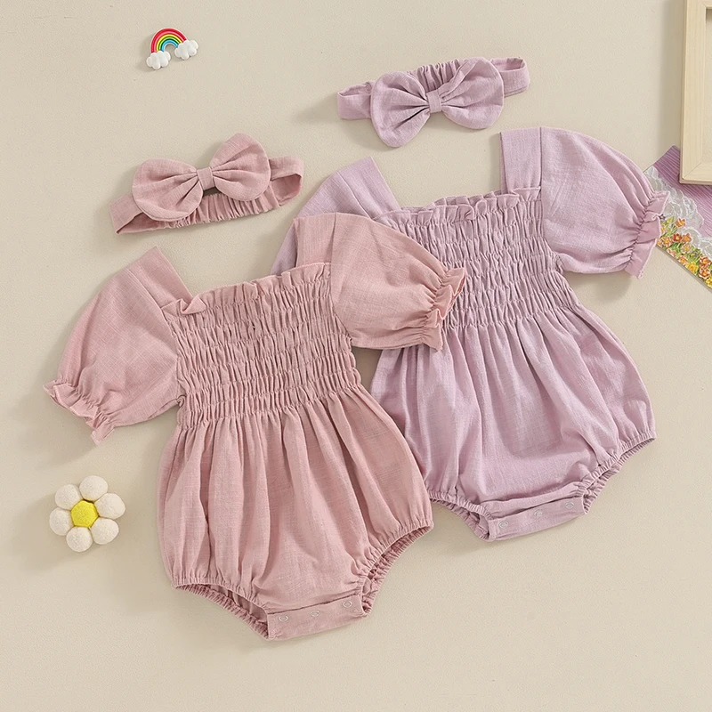 

Newborn Infant Baby Girl Summer Clothing Girls Jumpsuit Solid Color Short Sleeve Square Neck Shirred Rompers with Bow Headband