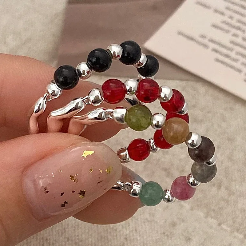 

Real 925 Sterling Silver Natural Stone Beads Elastic Rope Ring for Women Classic Geometric Fine Jewelry Minimalist Accessory