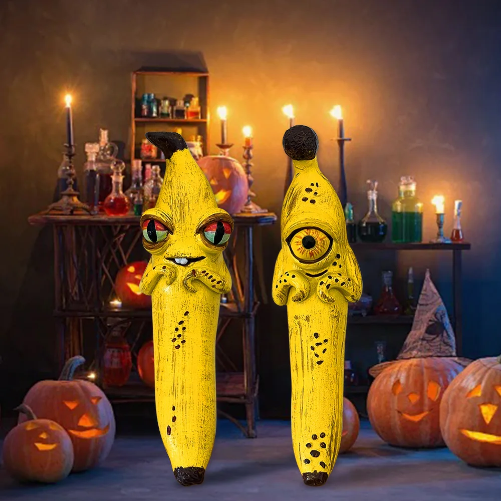 

Funny Magic Banana Ornament Big Eyes Resin Banana Figurine Home Decoration Workplace Halloween Festive Party Decorations