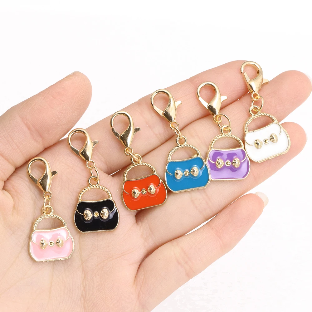10Pcs Cute Enamel Handbag Charms Alloy Locking Stitch Marker With Lobster Claw Clasps Pendants DIY Jewelry Accessories