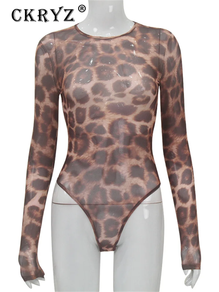 Ladies Autumn One Piece Leopard Print New Fashion Long Sleeve O-Neck Skinny Sexy Bodysuit Women Party Club Wear Y2K Fall Outfits