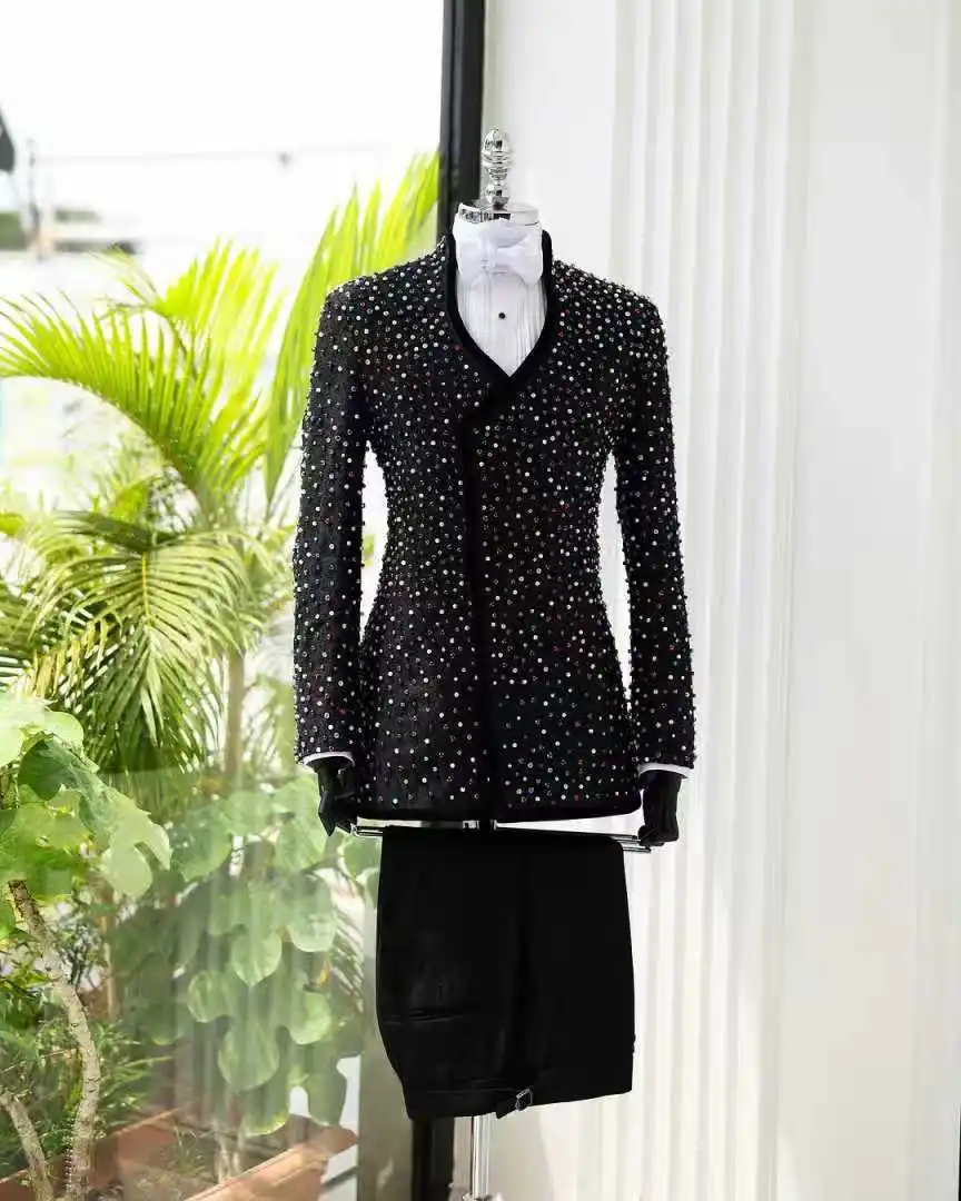 

Fashion Black White Catwalk Men Suits Set 2 Pieces Blazer+Pants Trousers Wedding Tuxedos Jacket Formal Office Cotton Male Coat