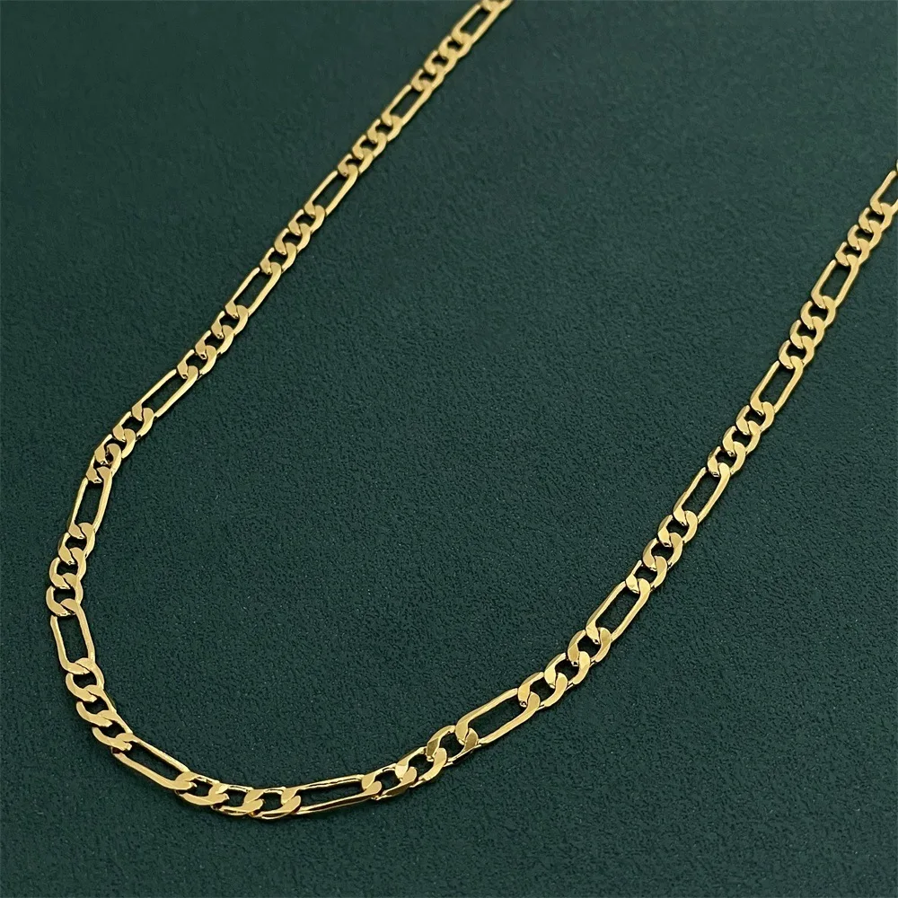 Luxury 24K 9999 Pure Gold real gold Width 2MM three to one unisex geometric Cuban chain 45cm 50cm 55cm 60cm