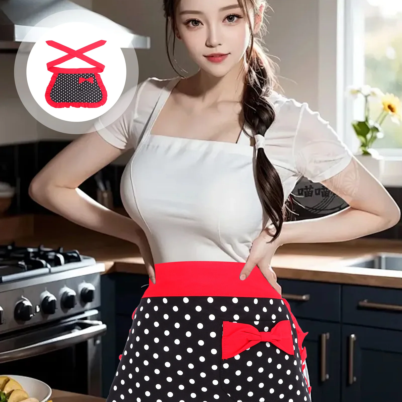 

Small Dot Print Half Apron For Women Cotton Adjustable Waist Tie Bowknot Design Maid Waitress Uniform Kitchen Workwear