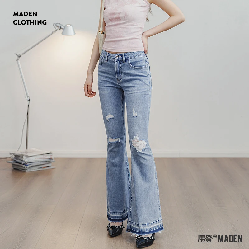 Maden Ripped Light Blue Bell-Bottom Jeans for Women Vintage Slim Pants 9OZ Street Wear Women’s Flare Jeans Non Strech S M L XL