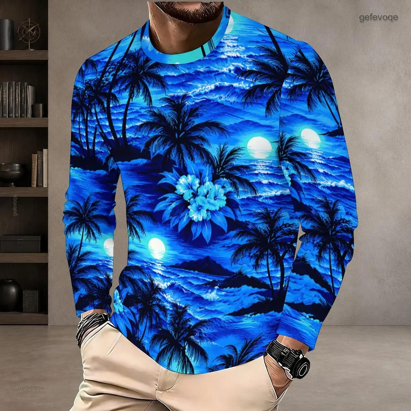 Men White Light Blue Tropical Palm Leaf Hibiscus Floral Printed Round Neck Long Sleeve T Shirt