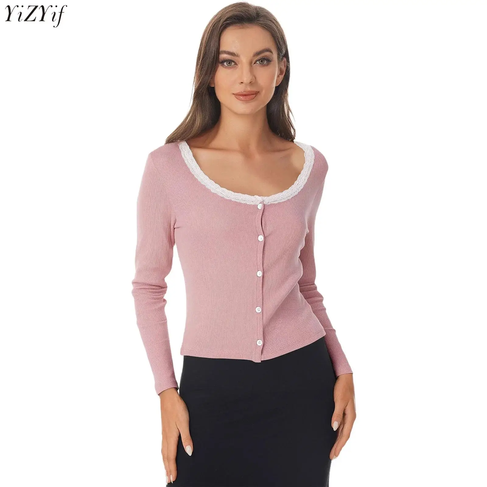 

Womens Knitted Cardigan Casual Long Sleeve Front Buttons Neckline Lace Trim Crop Shrugs Sweater Outerwear for Office Daily Wear