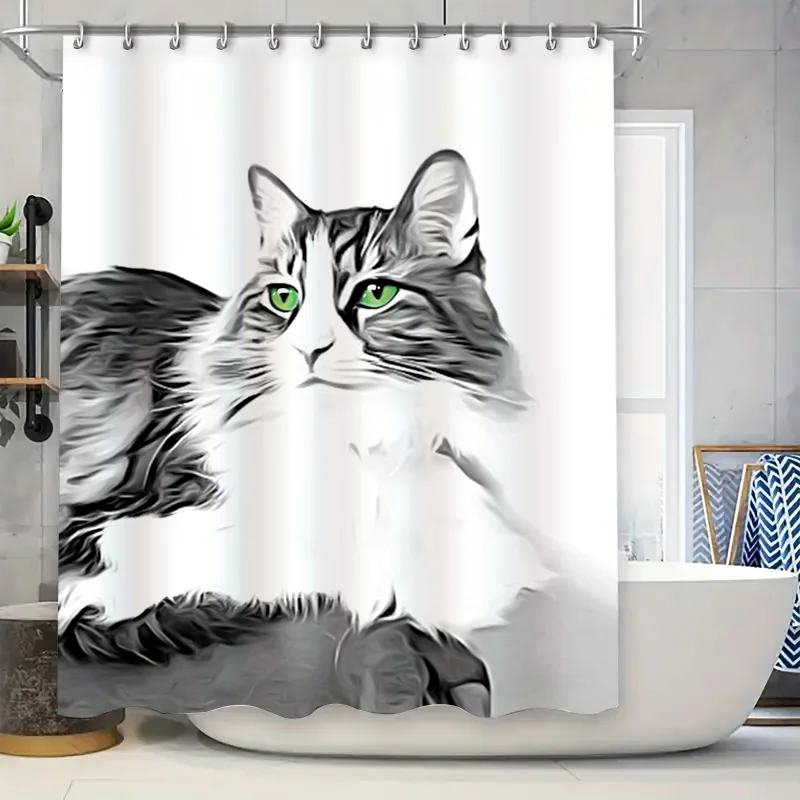 

Цифровая занавеска для душа с изображением кота, черно-белая полосатая занавеска с кошачьим принтом, декор для ванной комнаты, водонепроницаемая тканевая занавеска для душа для украшения дома