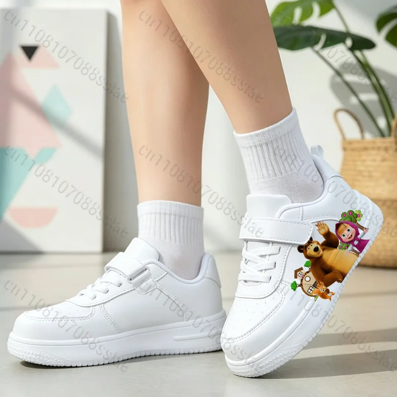 7-18 Year Old Masha Bear Cartoon Character Print Children White Sneakers Boys Girls Four Seasons Universal Soft Sole Shoes Gift