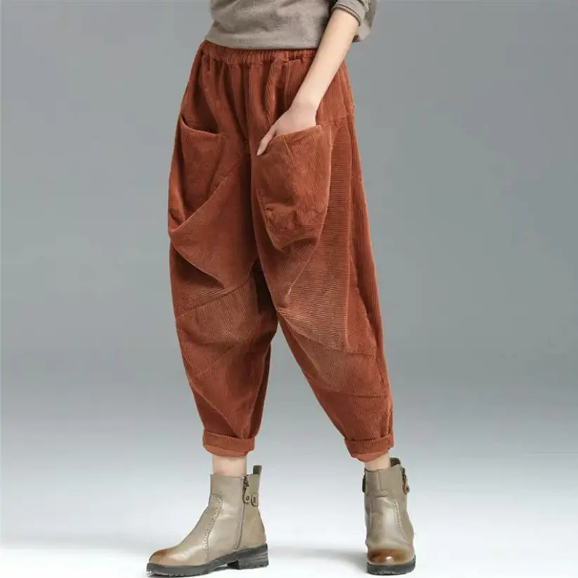 Velvet Pocket Corduroy Haren Pants for Women's 2024 Autumn Winter New Collection Thick Wide Leg Loose and Skinny Casual Pants