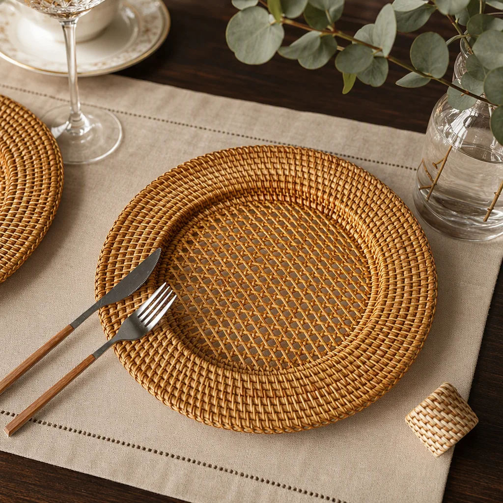 Hand‑Woven Rattan Heat‑Insulation Mat Decorative Bowl Plate Pad for Hotel Restaurant Home Table Decor