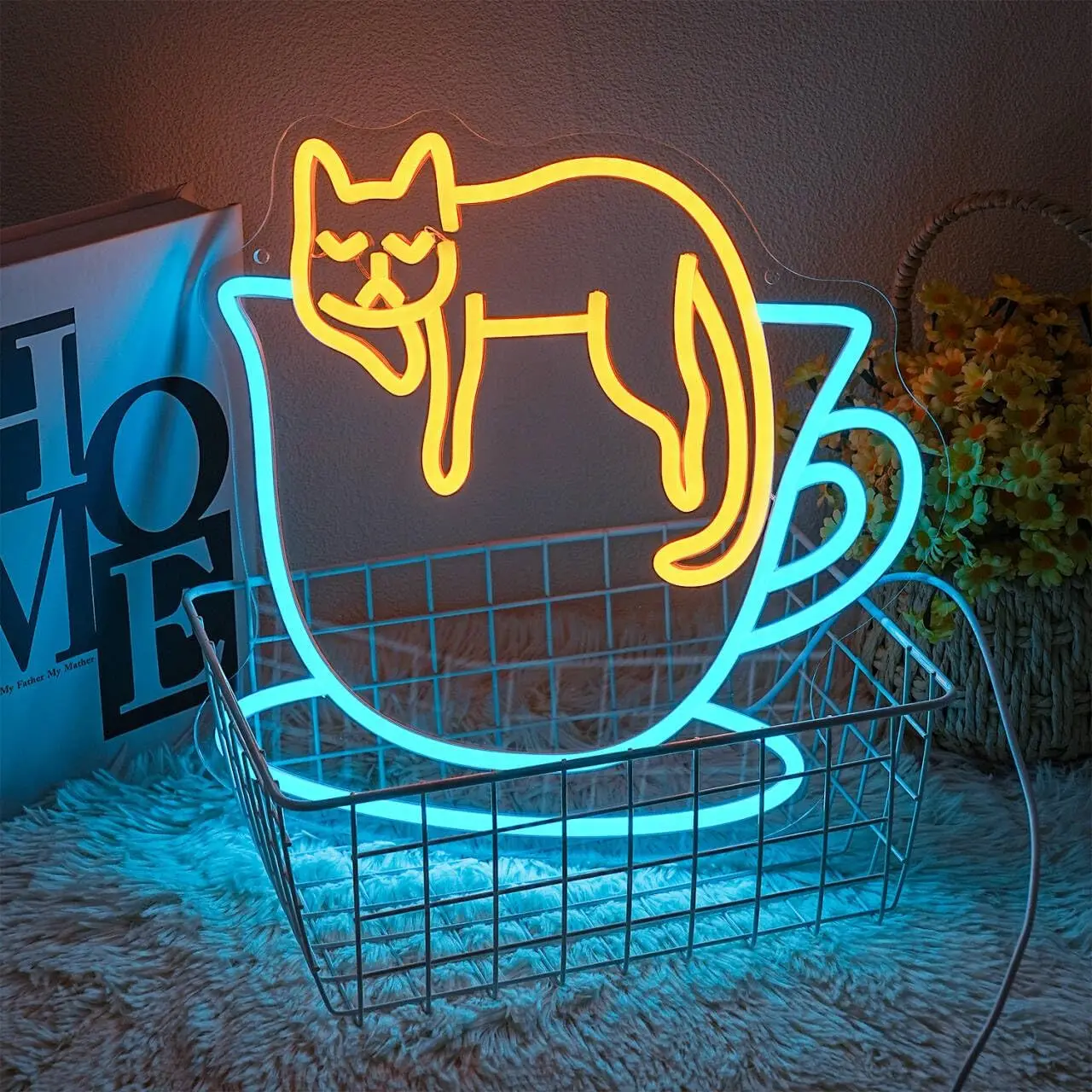 Coffee Cat Neon Light- USB Powered LED Light, 10 Brightness Levels, Cat Sitting in a Cup Design, Suitable for Cafes, Homes