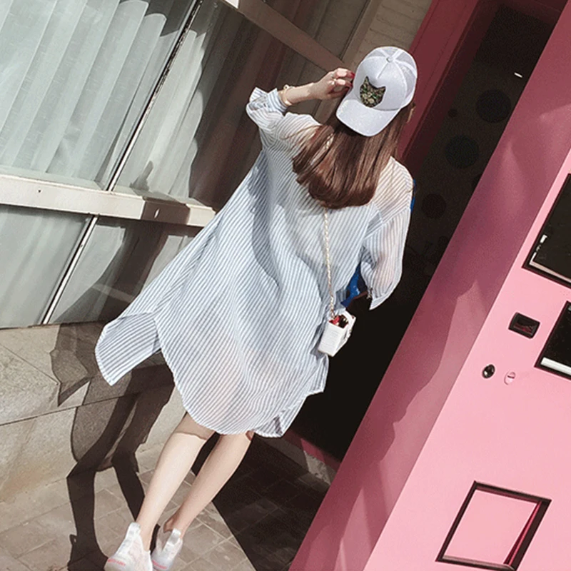 

Летняя женская солнцезащитная рубашка Ultra-Fairy: дышащий кардиган с эффектом кондиционирования воздуха, шифоновая рубашка в полоску миди, тонкая верхняя одежда