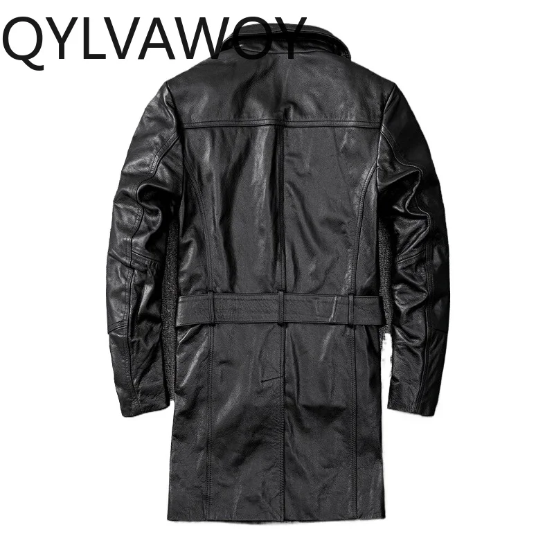 QYLVAWOY Top Layer Cowhide Real Leather Trench Coat Autumn Winter Genuine Leather Jacket Men Mid Length Lapel Collar Overcoat