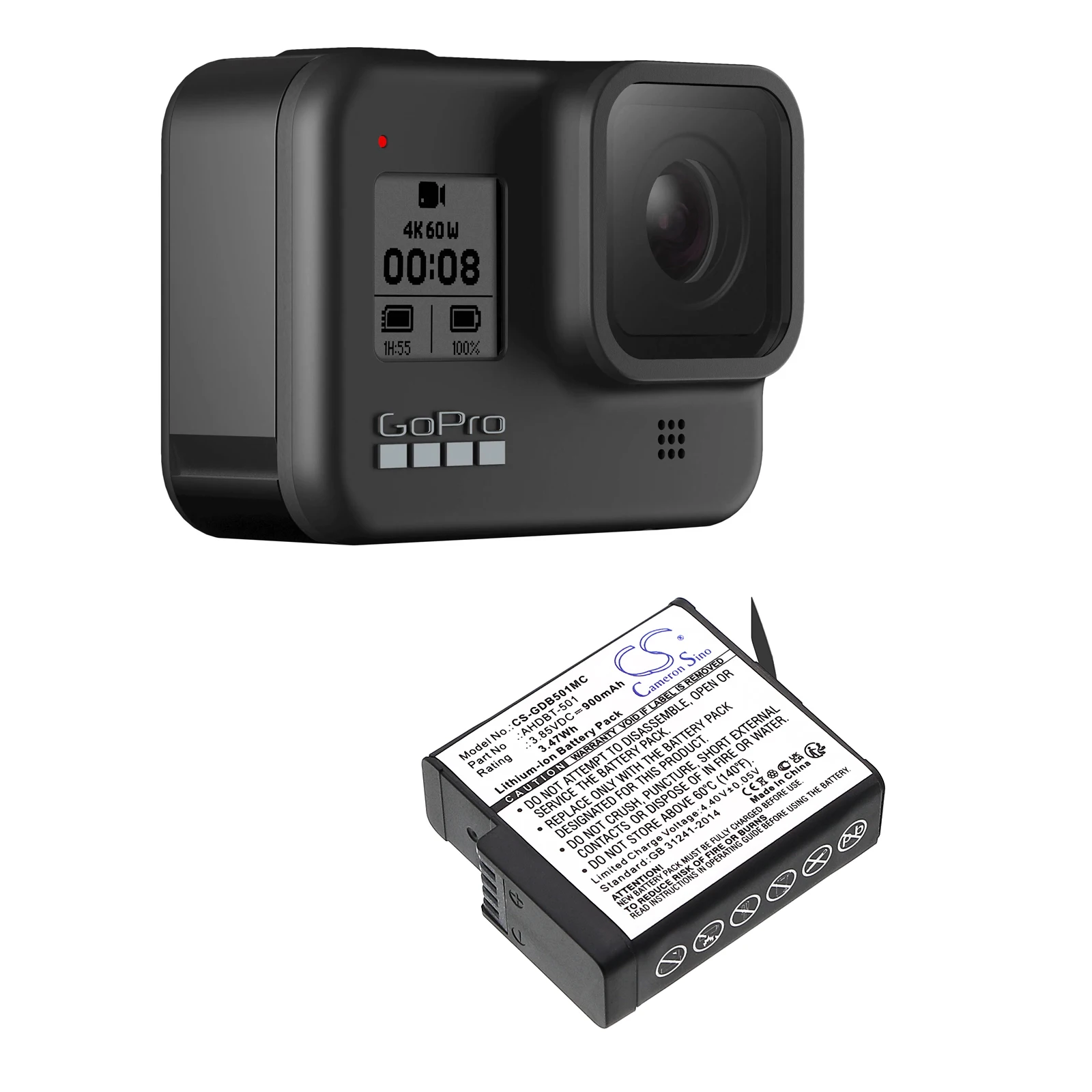 Li-ion Camera Battery for GoPro, 3.85V, 900mAh, Compatible Models: 601-10197-00,  ASST1, CHDHX-501, HD8.01, Hero 2018,  Hero 8