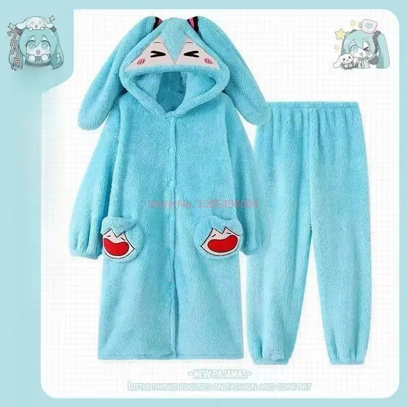 Cartoon Hatsune Miku Coral Velvet Night-Robe Winter New Style Warm Thickened Hooded Pajamas Set Home Clothes Sleepwear And Pants