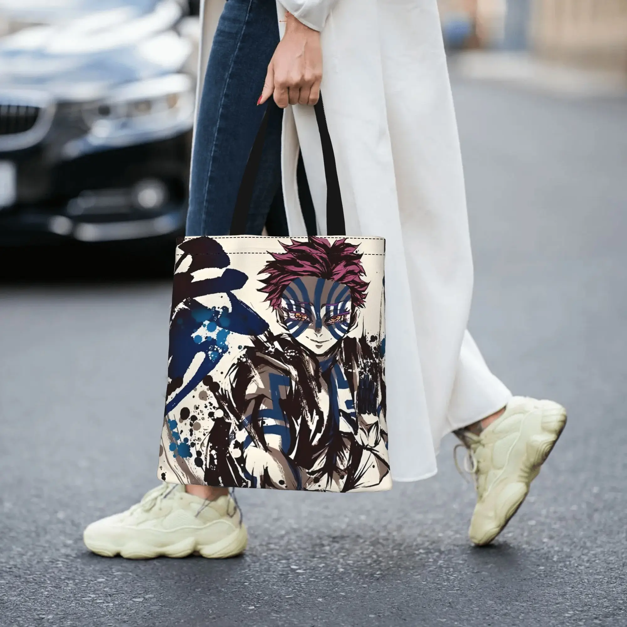 2026 women's bag The Battle Crazed Demon   Akaza Reusable Double Sided Canvas Tote Bag Shoulder Demon Slayer Handbag