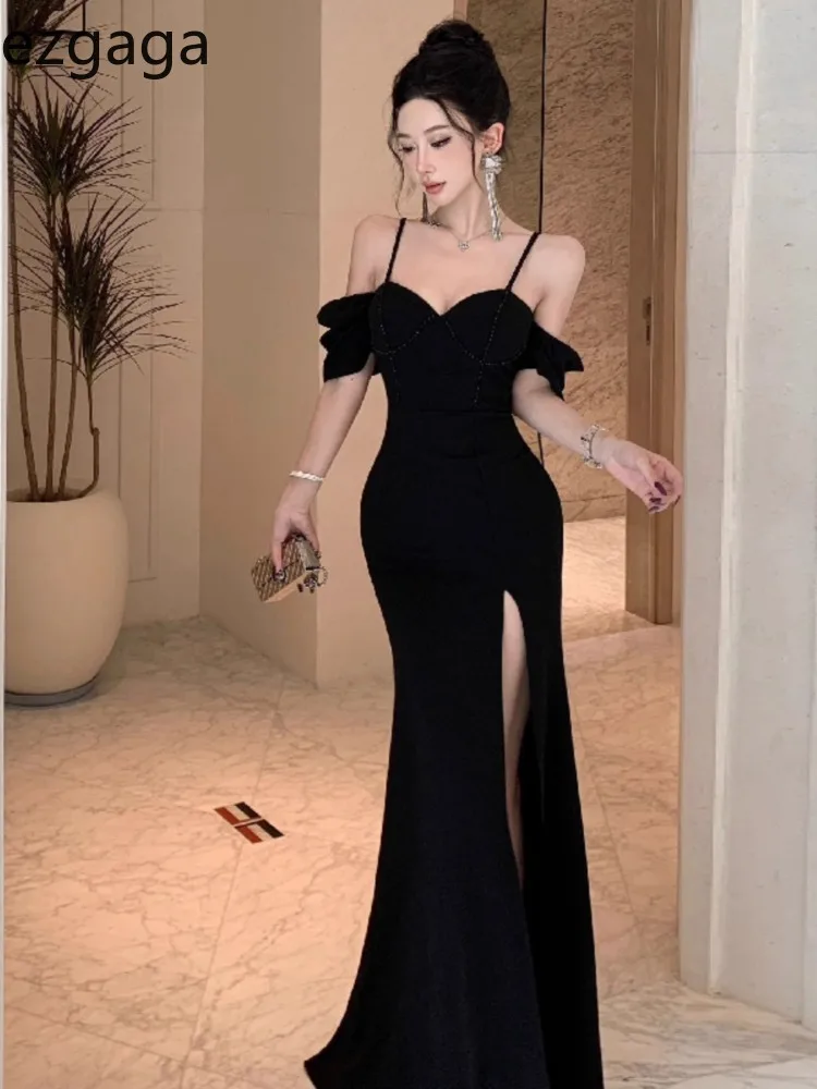 Ezgaga Irregular Dresses Women Sexy Off Shoulder Slim Split Backless Vintage Elegant Mermaid Dress Party Female Clubwear