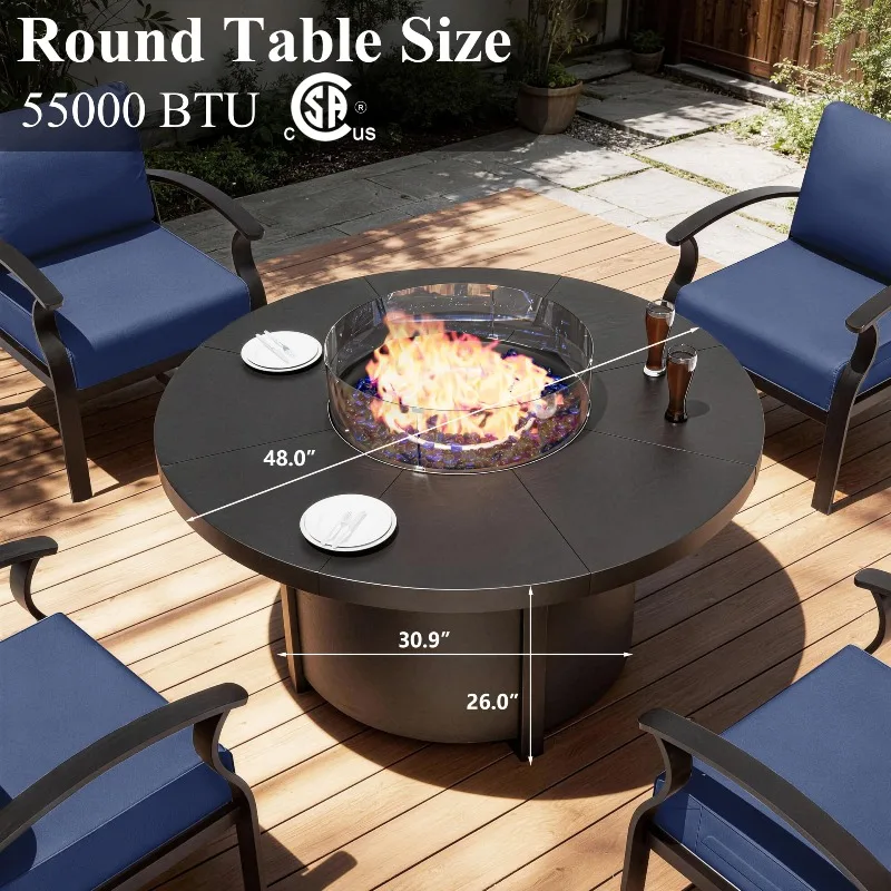 48 Inch Round Propane Fire Pit Table, 55000 BTU Auto-Ignition Gas Fire Pit with Steel Tabletop, Adjustable Flame