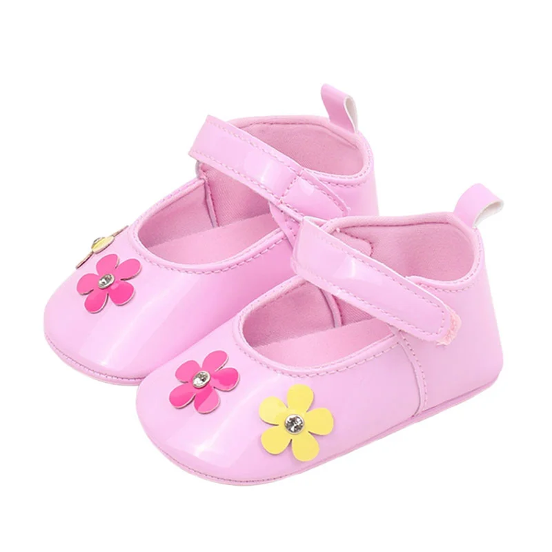 Cathery Baby Girls Flowers Patchwork Flats Non-slip Soft Soles Cute PU Mary Jane Shoes Casual Walking Shoes for Newborn Toddler