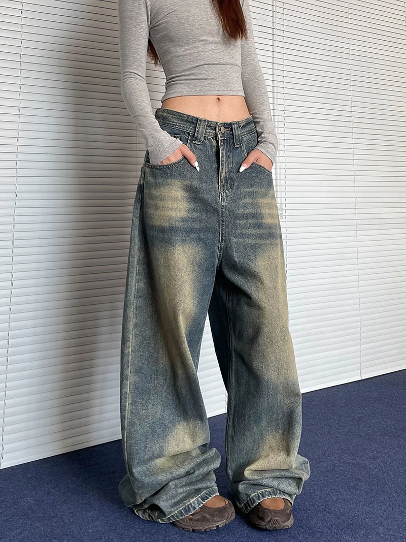 

Мужские джинсы Aket American Retro с эффектом потертости, прямого кроя, свободные, удлиненные, с застежкой-молнией на талии