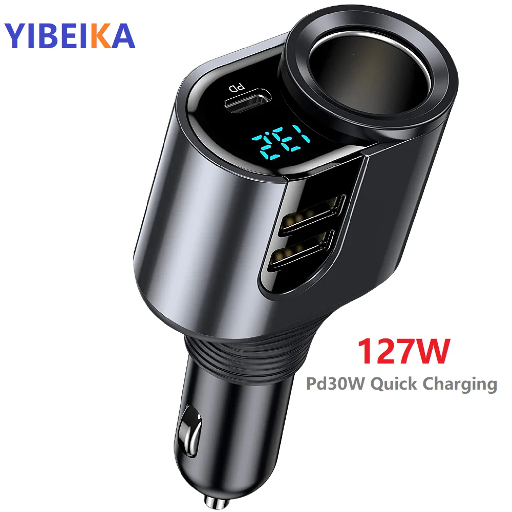 

New 127w 4 In 1 Usb Car Charger Cigarette Lighter Splitter Adapter Type C Car Charger Adapter Super Fast PD3.0 Voltage Display