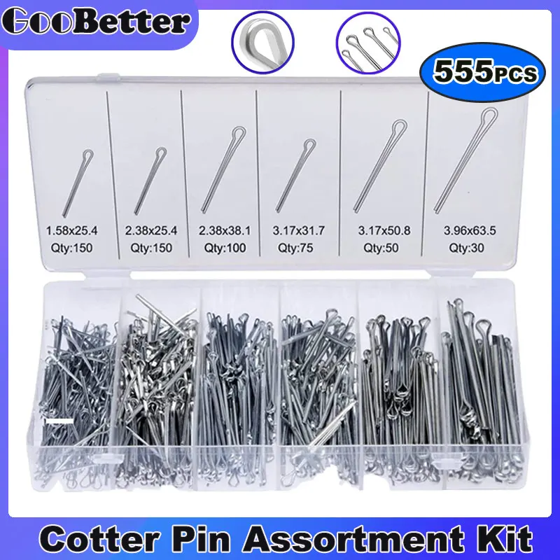 

555Pcs Split Pin Heavy Duty Zinc Plated Cotter Pins Key Fastner Fitting 6 Sizes Hard Case Link Metal Pins Assortment Kit Pines