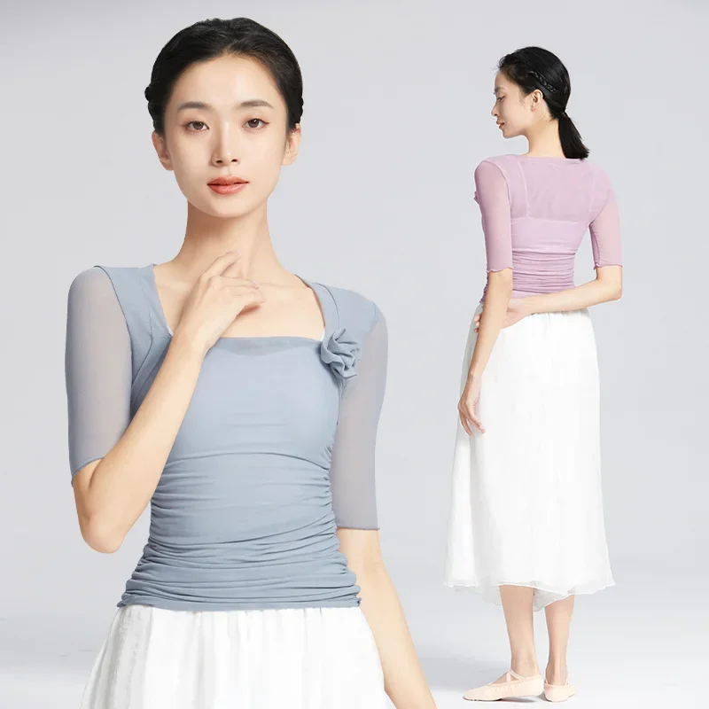 女性バレエトップススクエアネックメッシュナイロンミディアムスリーブダンストップ-3d-花-tシャツダンスコート