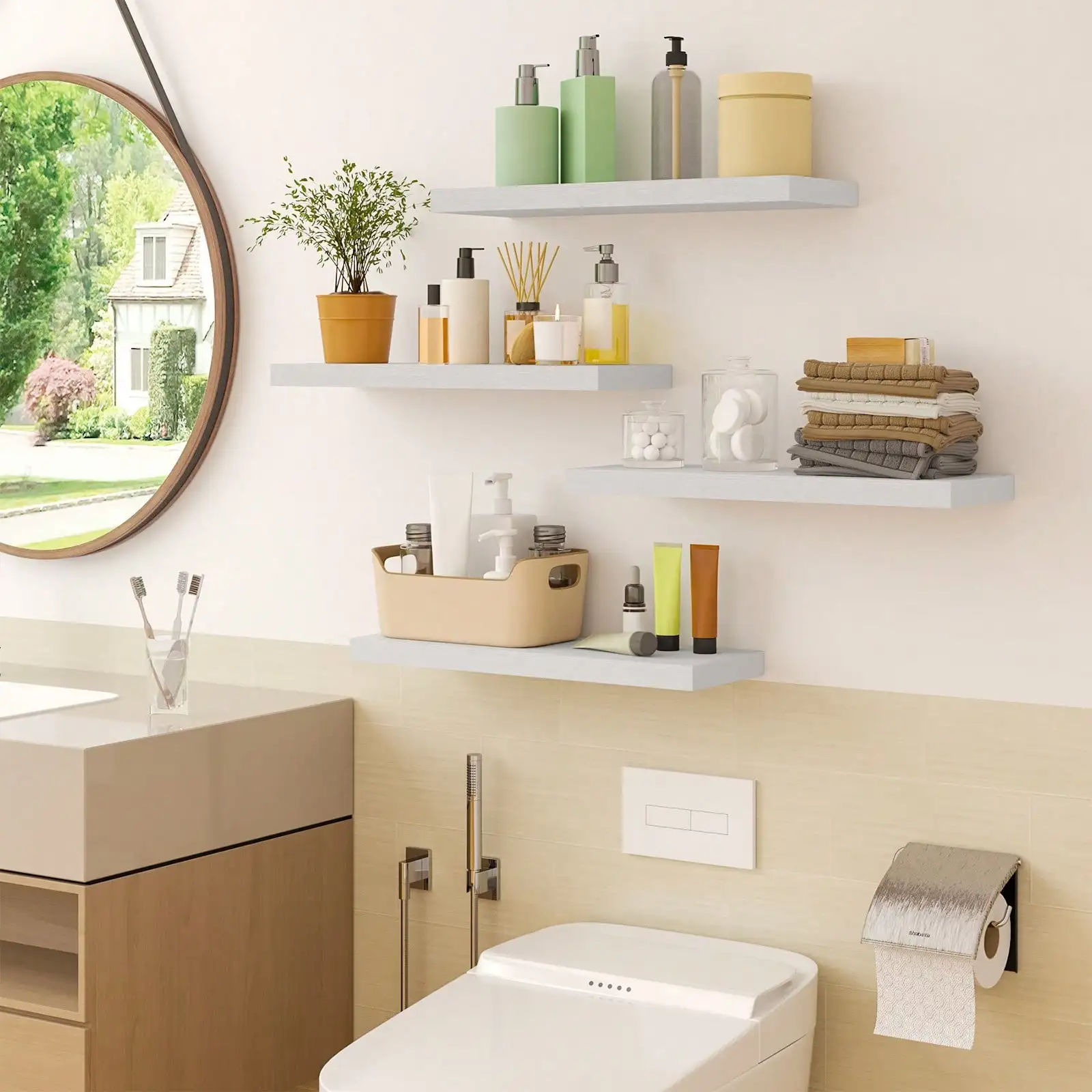 15.8 Inch Floating Shelves For Wall Modern White Wood Bathroom Storage Organizer Shelf Set Of 4 Wall Mounted Display Bookshelf With Hidden Invisible Brackets For Bathroom Bedroom Living Room Decor Housewarming Gift view 6