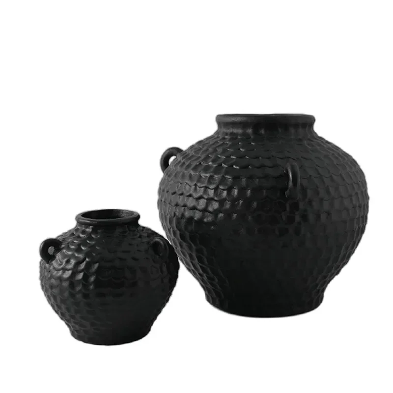 Medieval wabi-sabi black ceramic vase home model room soft decoration with ear flower utensils porch bookcase ornament