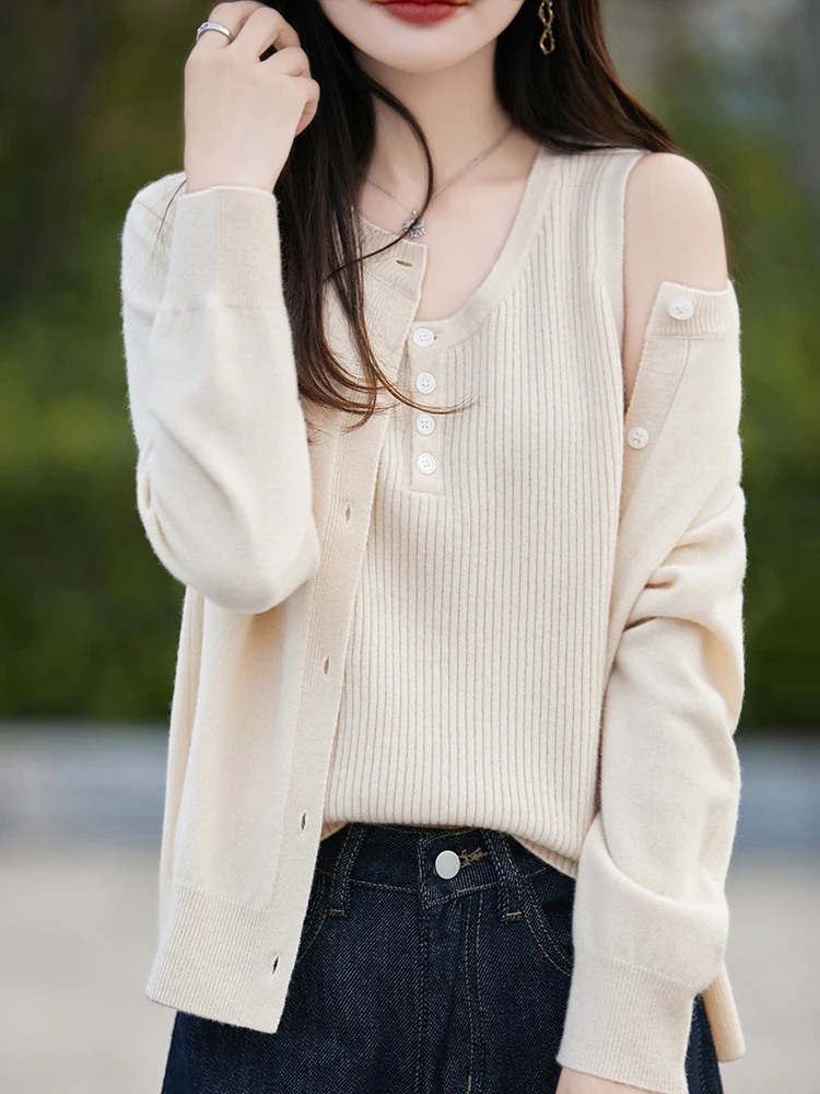 

Женский шерстяной кардиган-жилет без рукавов, пуловер из 100% мериносовой шерсти, вязаная одежда для осени и зимы, жилетка с круглым вырезом, комплект из двух предметов